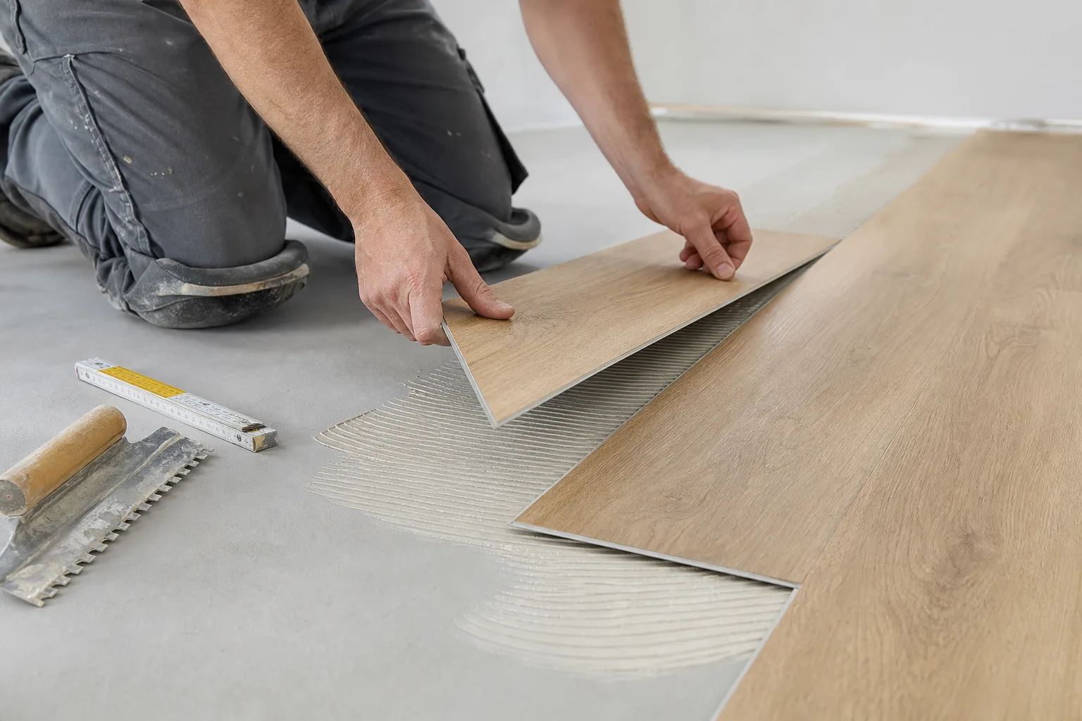 Vakman die dryback PVC op een voorbereide ondergrond legt