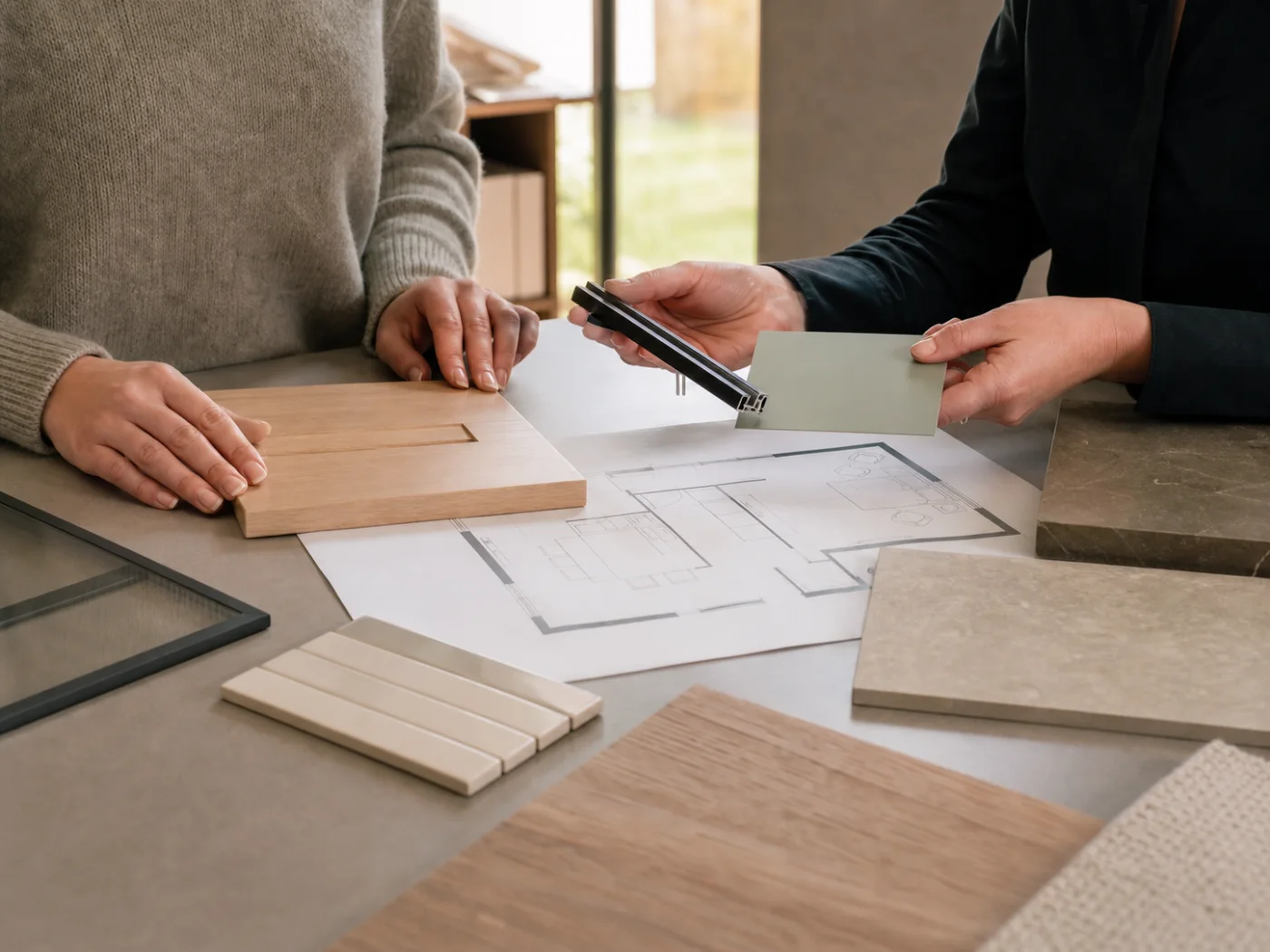 Sfeerbeeld van een showroomgesprek met plattegrond en materiaalstalen