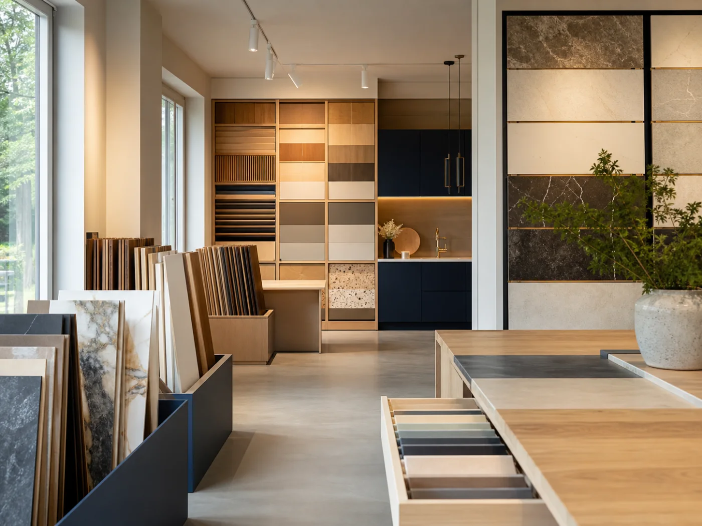 Sfeerbeeld van een showroom met vloer-, steen-, tegel- en keukenmaterialen