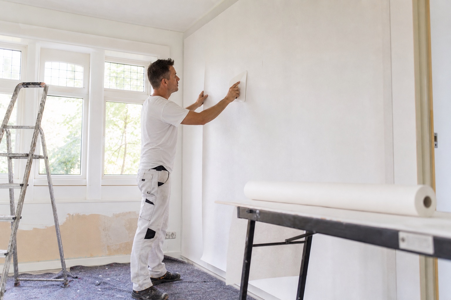 Behanger brengt renovliesbehang aan op een wand in Utrecht