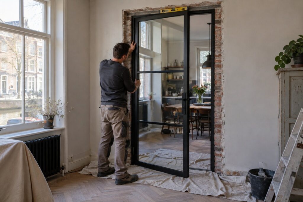Monteur zet een stalen deur met glas in een kale doorgang, waterpas op de deur, afdekzeilen over de visgraatvloer