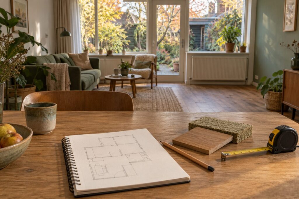 Notitieboek en materiaalstalen op tafel voor een renovatiegesprek